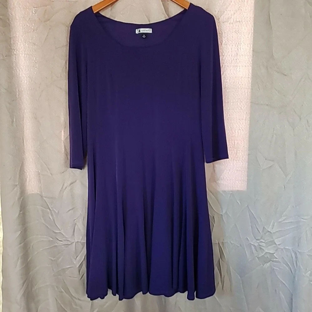 Leslie Fay Dress Womens 14 Purple Solid 3/4 Sleeve Scoop Neck Swing Knee Length